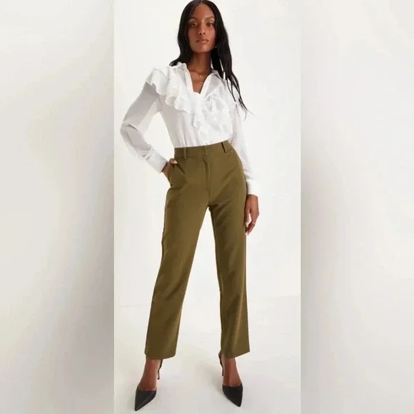 NEW w/tags (NWT) Lulu’s Ideal Aura Olive Green High Rise Slim Leg Trouser Pants - Picture 4 of 6